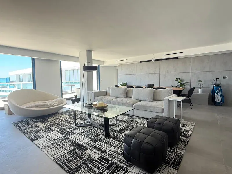 A clean open-plan living room